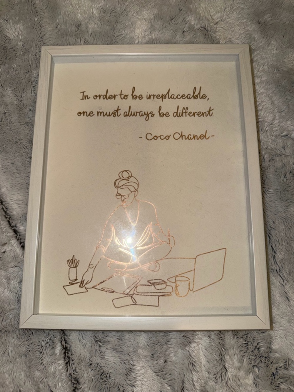 CHANEL Quote White Framed Quote Art with Gold Line Illustration